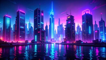 A vibrant, neon-lit cityscape reflected in a tranquil waterway.