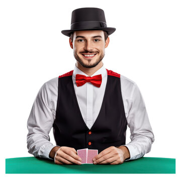 Professional Male Dealer Smiling with Playing Cards at Casino Table, isolated on transparent background.