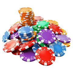 Bright and Colorful Casino Chips Piled Together on a Black Surface, isolated on transparent background.