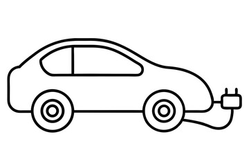 Electric Car with Charging Cable - Outline Vector Icon

