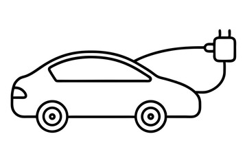 Electric Car with Charging Cable - Outline Vector Icon

