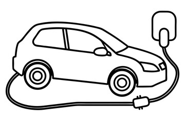 Electric Car with Charging Cable - Outline Vector Icon

