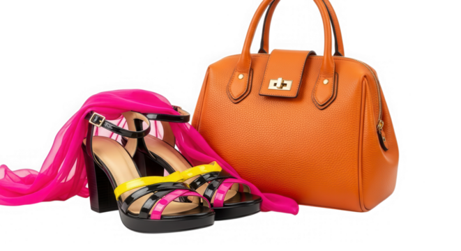 Fashionable women accessories handbag and high heels isolated on transparent background