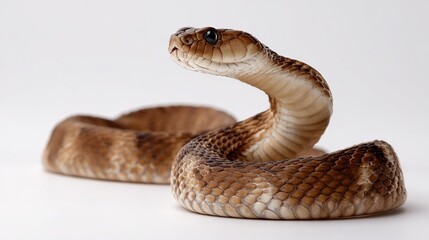 Fototapeta premium coiled diamondback rattlesnake with its head raised showcasing its patterned scales and watchful eye against plain white background