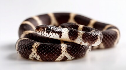 Naklejka premium coiled Kingsnake with black and white bands displays intricate scales against clean white background