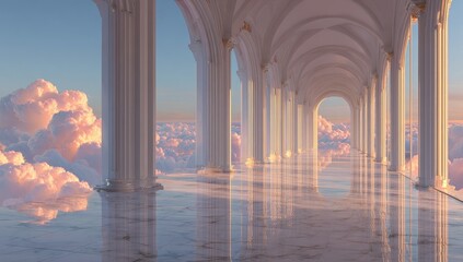 A serene, cloud-filled colonnade.  Marble floors reflect a pastel sky