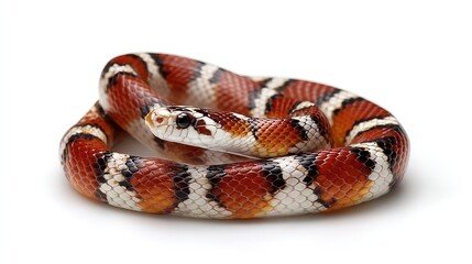 Naklejka premium colorful serpent coiled on white background featuring intricate red black and white scale patterns
