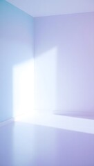 Empty interior of a white and blue room with a window, light, and a blank wall for design concepts
