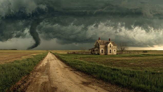 A dramatic twister looms over a weathered farmhouse on a rural road - Powered by Adobe