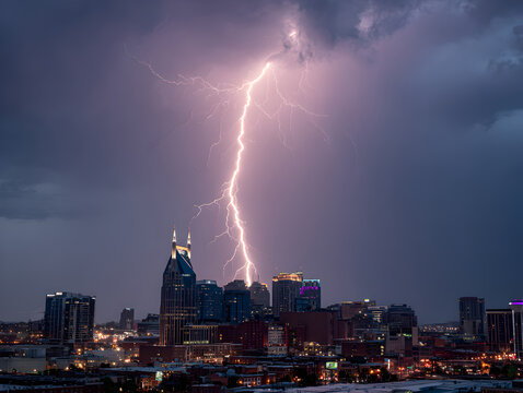Dramatic lightning strikes iconic city skyline, creating a powerful and electrifying urban scene at night