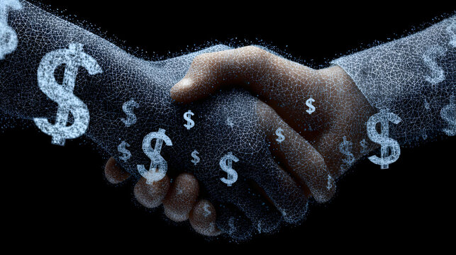 A digital handshake with dollar signs overlayed on hands against a black background in a close up view - Powered by Adobe