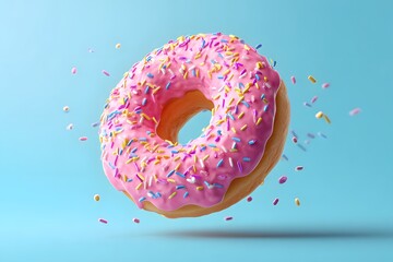 Vector icon of a cheerful donut with pink frosting and colorful sprinkles, copy space.