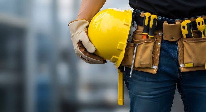A construction worker holding a yellow hard hat and wearing a tool belt with various tools on a job site