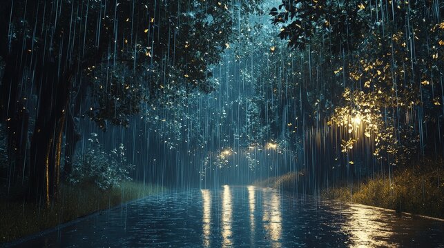 A rainy night scene in a lush forest.