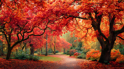 Vibrant autumn pathway lined with fiery red and orange maple trees