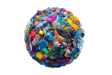 A sphere densely packed with various colorful plastic waste