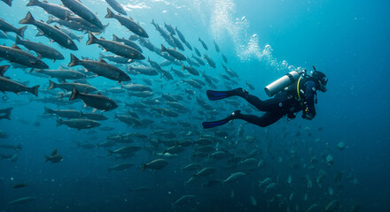 Diver Among Atlantic Salmon in Open Ocean