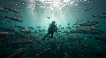 Diver Among Atlantic Salmon in Open Ocean