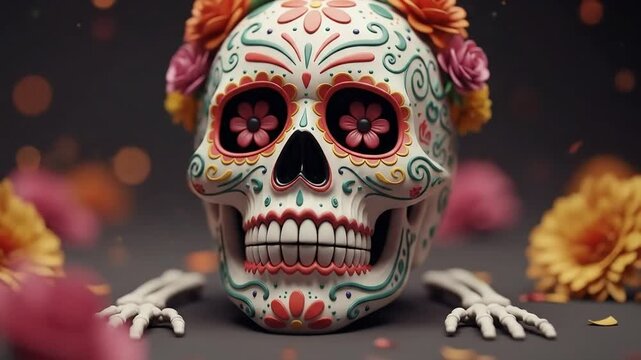 An ornate sugar skull, decorated with colorful patterns and a crown of flowers, represents a festive cultural celebration.