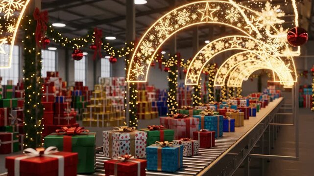 Festive Christmas Gift Conveyor System in Action with Decorations and Presents Delivery System
