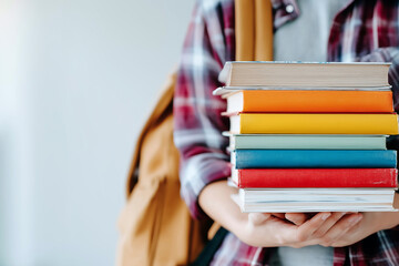 Student in plaid shirt and yellow backpack holds large stack of colorful books in arms, focus on books, blurred neutral background