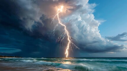 Dramatic Lightning Strike Over Ocean Under Stormy Sky at Dusk
