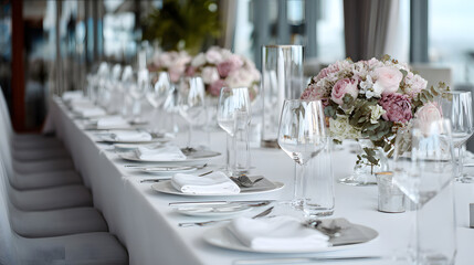 long elegant dining table set for gala dinner with elegantly arranged silverware minimalist decor and inviting atmosphere