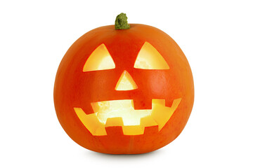Funny Jack O Lantern halloween pumpkin with candle light inside isolated on white background