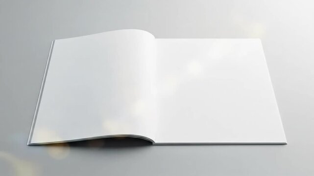 Clean, open white book with blank pages displayed on a neutral gray , ideal for design mockups.