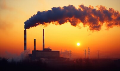 Industrial factory smokestacks spewing black smoke against orange sunset sky, air pollution impact from manufacturing