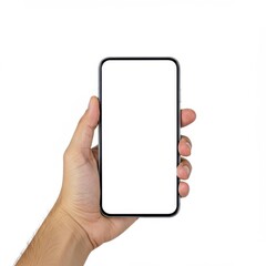 Hand holding smartphone isolated on white background, mockup use cases.