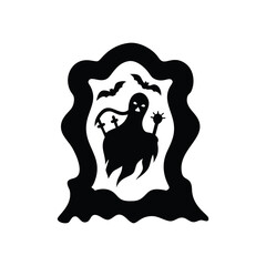 Spooky halloween tombstone silhouette featuring a ghost and bats isolated on white background isolated on transparent background