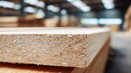 Close up of cross section of laminated wood layers showing texture and grain in warehouse with soft natural light and blurred background