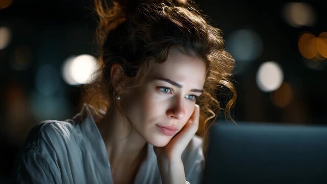 Introspective Moment: A woman engrossed in thought, illuminated by the soft glow of a laptop screen, reflects on the complexities of modern life, bathed in a tranquil light.