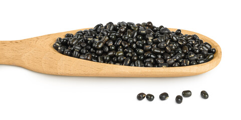 Black bean or Urad dal, black gram, vigna mungo in wooden spoon isolated on the white background