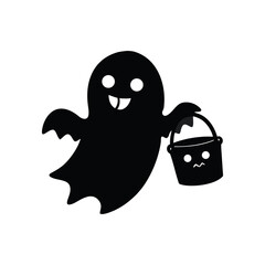 Spooky black ghost holding a trick or treat candy bucket isolated on white background isolated on transparent background