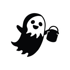 Cute cartoon ghost holding a bucket for trick or treating isolated on white background isolated on transparent background