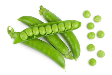 Fresh green pea pod with beans isolated on white background. Top view. Flat lay