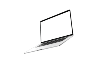 A laptop computer, light gray, angled, floating against a black background.  A blank screen is visible