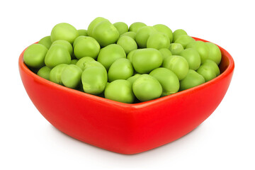 Fresh green peas in ceramic bowl isolated on white background