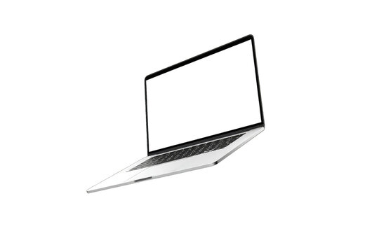 A laptop computer, light gray, angled, floating against a black background.  A blank screen is visible