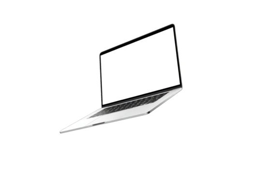 A laptop computer, light gray, angled, floating against a black background.  A blank screen is visible