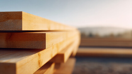 Stack of wooden planks with smooth surfaces and visible grain pattern in warm sunlight, creating calm and natural atmosphere