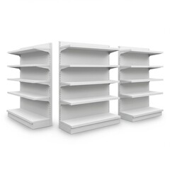 Empty store shelves isolated on white background for retail and display use