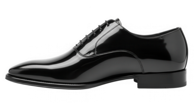 Black leather oxford shoe, elegant footwear isolated on transparent background