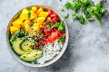 A colorful poke bowl layered with succulent tuna, buttery avocado, golden mango, seasoned seaweed, and sesame-sprinkled rice,  created by ai