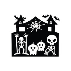 Spooky halloween haunted house silhouette with skeletons and pumpkins isolated on white background isolated on transparent background