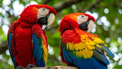Fototapeta premium Two scarlet macaws perched on a branch.