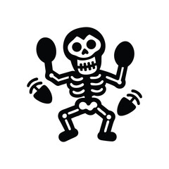 A cartoon skeleton dancing energetically with maracas in its hands isolated on white background isolated on transparent background