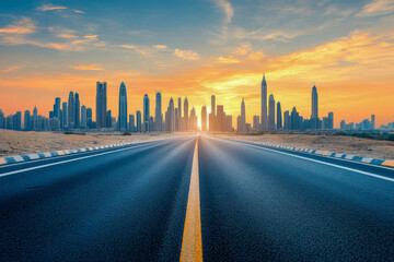 A road stretches towards Dubai's skyline, framed by tall skyscrapers, as a vibrant sunset casts warm hues across the sky